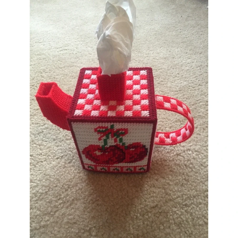 Handmade Plastic Canvas Tissue Box Cover Cherry Teapot Needlepoint Vintage Style